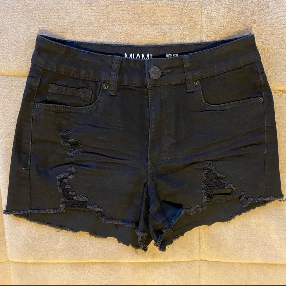 Distressed Black Denim Shorts